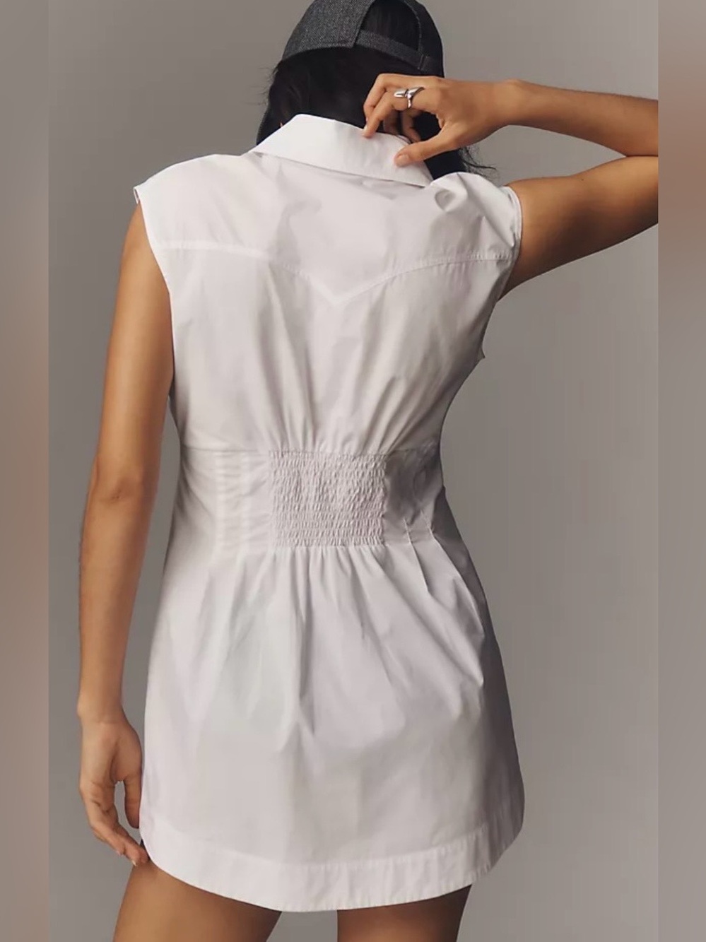 Anthropologie Sleeveless Smocked Waist Button Up Shirt | White | Size 8